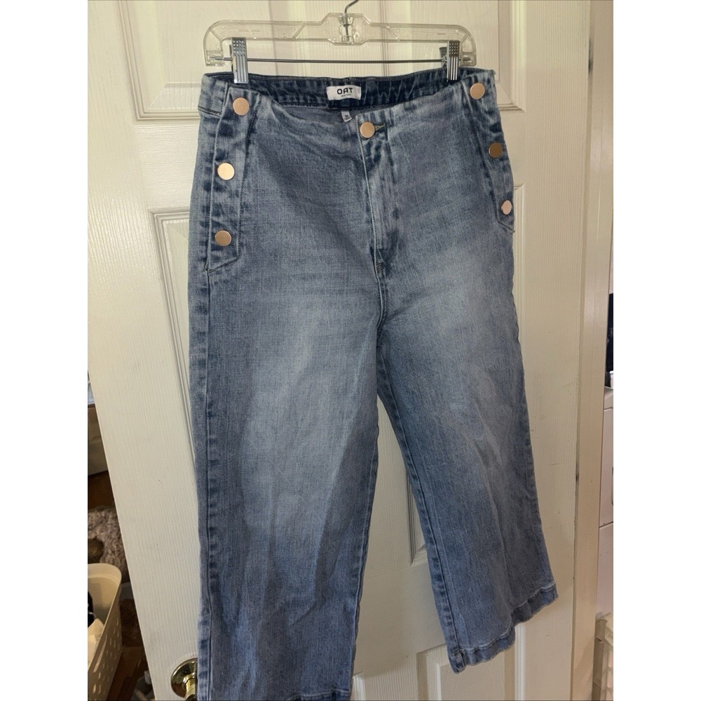 OAT New York Jeans Womens 31 Cropped Light Wash‎ Wide Leg Button Stretch Denim